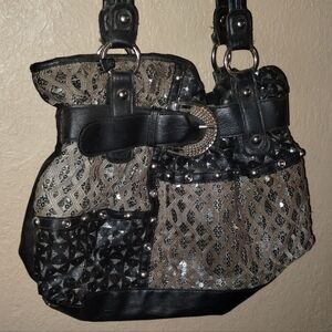 Black grey patchwork pattern multipocket purse